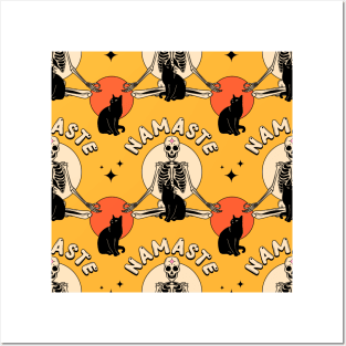 Yoga Namaste Black Cat Pattern in yellow Posters and Art